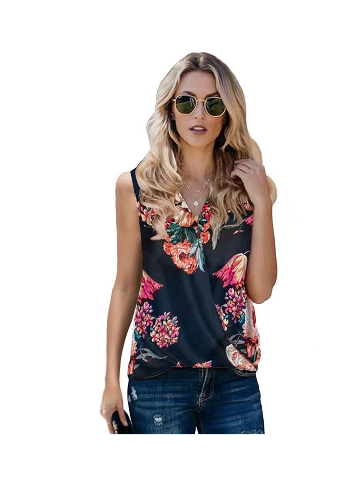 Loquat Women's Small Vest V-neck Print Pleated Sleeveless