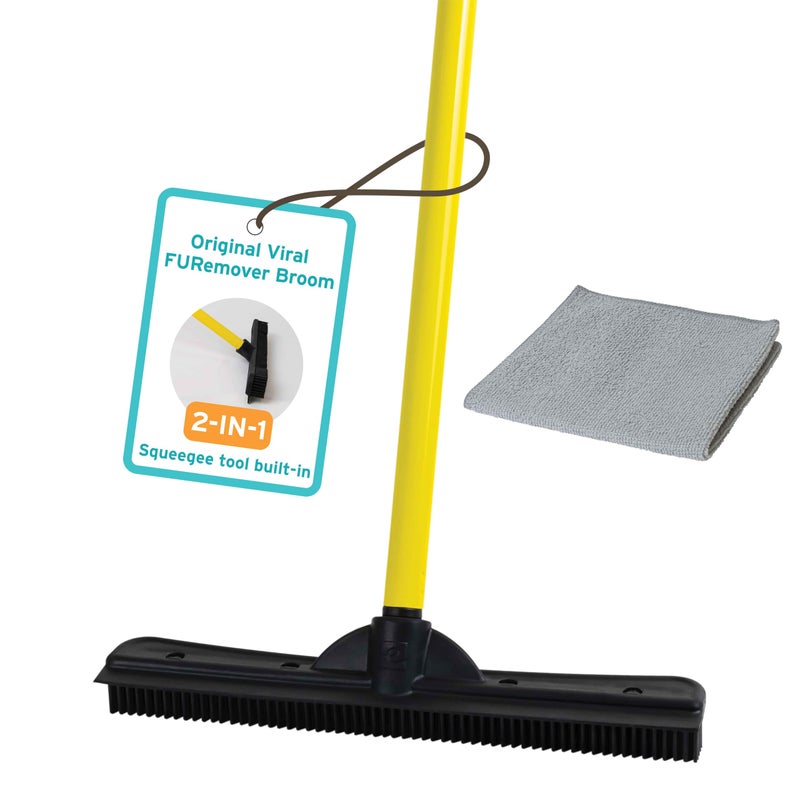 FURemover Original Pet Hair Rubber Broom with Squeegee, with 58â€ Telescopic Handle for Carpet, Tile and Hardwood and Scrub Cloth Combo - Image 1