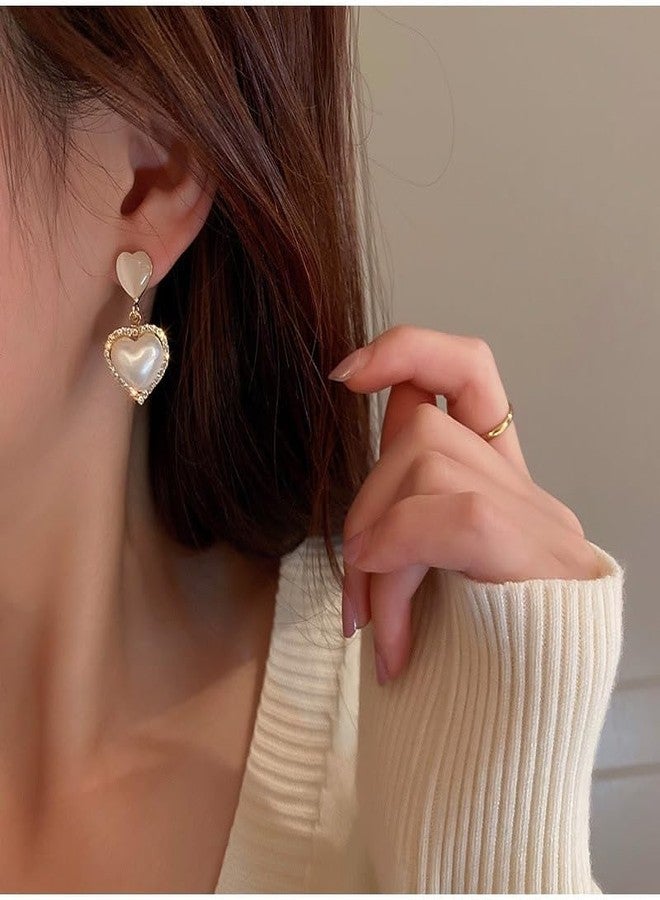 MEENAZ Earrings For Women & Girls Stylish Western Korean Earrings Heart Drop Pearl Earrings Set for Women Moti Accessories Aesthetic Love Fashion American Diamond AD CZ Gold earinging Dangler - Image 5
