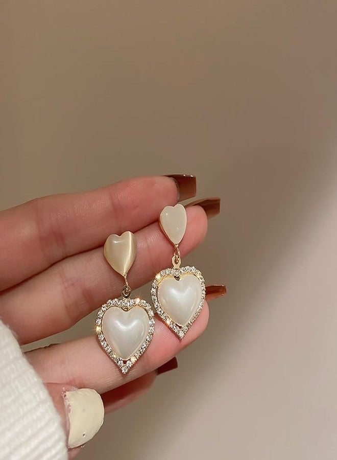 MEENAZ Earrings For Women & Girls Stylish Western Korean Earrings Heart Drop Pearl Earrings Set for Women Moti Accessories Aesthetic Love Fashion American Diamond AD CZ Gold earinging Dangler - Image 4