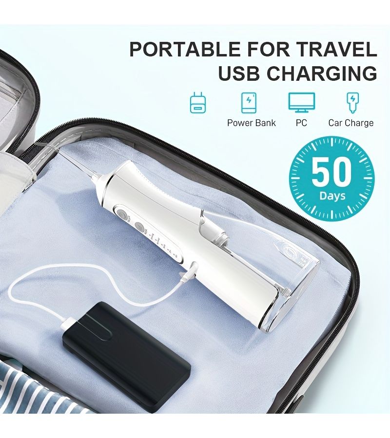 White Rechargeable Portable Water Flosser IPX7 360 Rotating Nozzle 3 Mode - Image 2