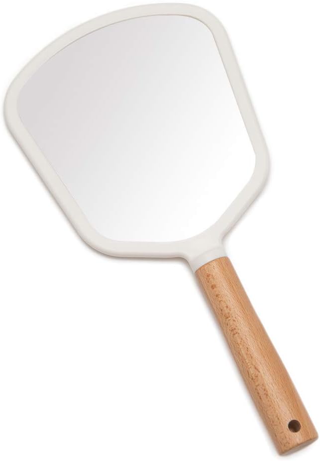 YEAKE Hand Held Mirror with Handle for Makeup,Small Cute Wood Hand Mirror for Shaving with Hole Hanging Single-Sided Portable Travel Vanity Mirror for Men&Women(Fanshape)