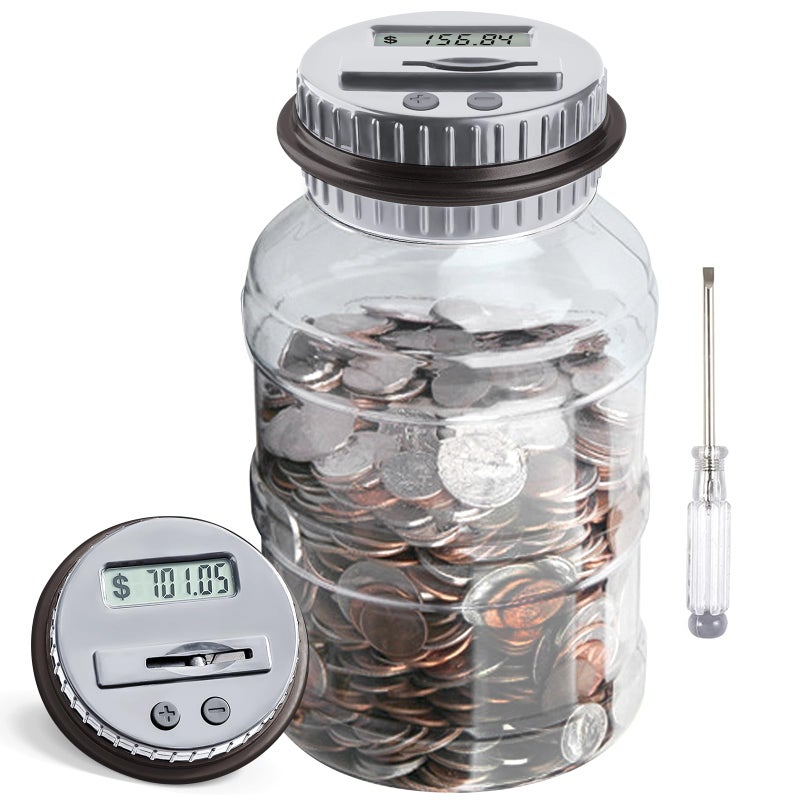 Vcertcpl Large Piggy Bank for Boys Adults, Vcertcpl Digital Coin Counting Bank with LCD Counter, 1.8L Capacity Coin Bank Money Jar for Adults, Designed for All US Coins (Gray) - Image 1