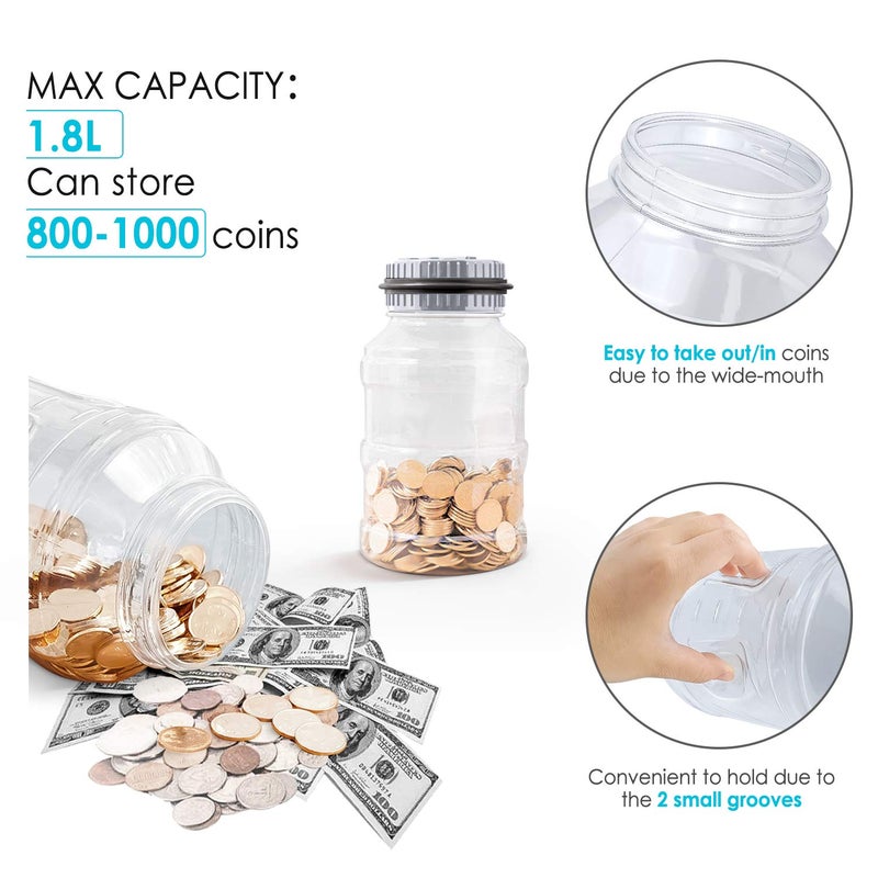 Vcertcpl Large Piggy Bank for Boys Adults, Vcertcpl Digital Coin Counting Bank with LCD Counter, 1.8L Capacity Coin Bank Money Jar for Adults, Designed for All US Coins (Gray) - Image 4