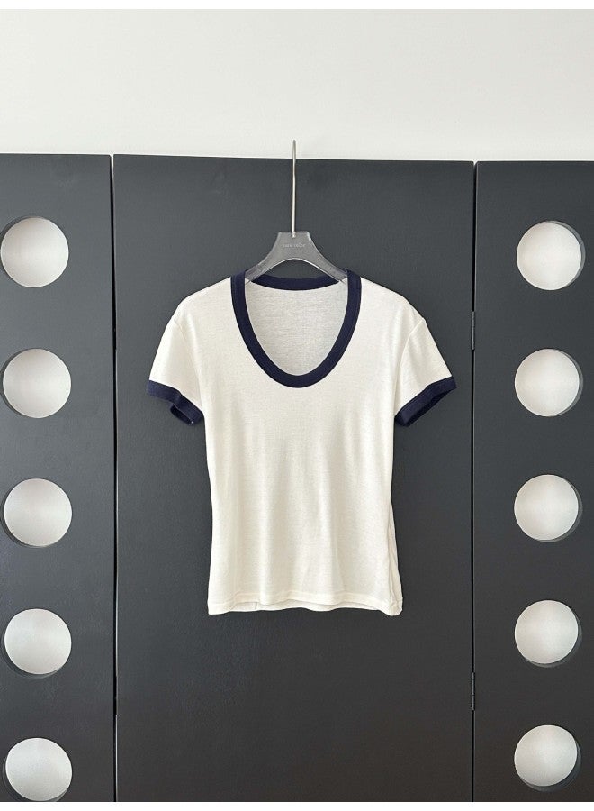 Hanko Miniscule Gentle Color Tencel Wool Contrast V-Neck Short-Sleeve T-Shirt