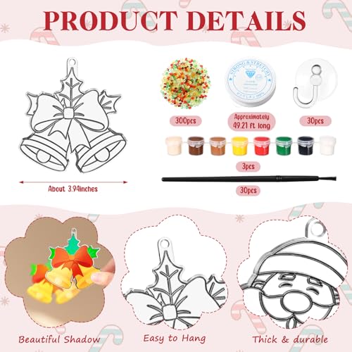 Dunzoom 30 Set Christmas Craft Kit Suncatchers Kit Christmas Tree Santa Gingerbread DIY Suncatchers Craft Kit Make Your Own Suncatcher Paint Sun Catcher Ornaments for Xmas Art Craft Painting Activity - Image 5