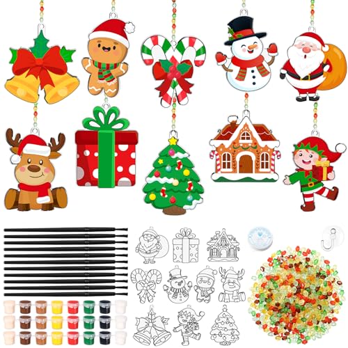 Dunzoom 30 Set Christmas Craft Kit Suncatchers Kit Christmas Tree Santa Gingerbread DIY Suncatchers Craft Kit Make Your Own Suncatcher Paint Sun Catcher Ornaments for Xmas Art Craft Painting Activity - Image 1
