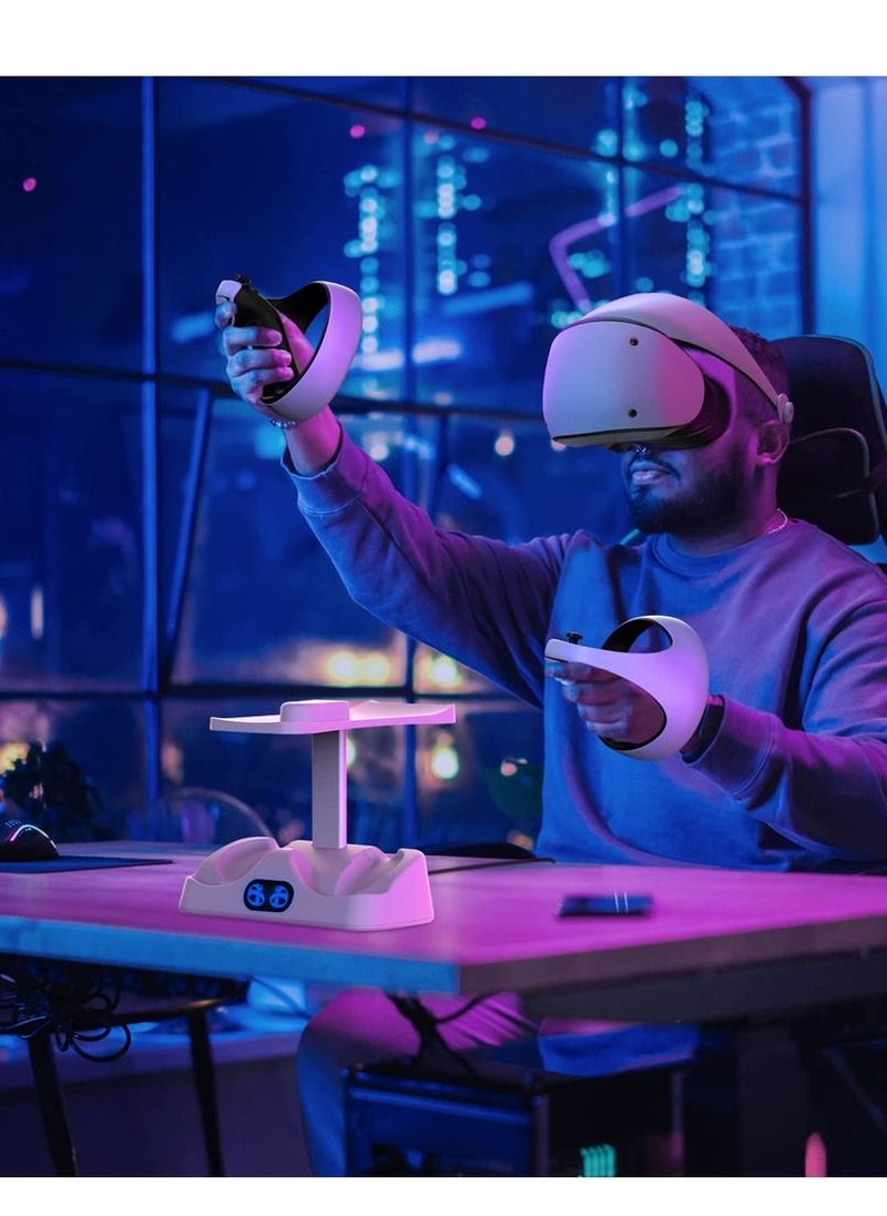 SYOSI - محطة شحن وحدة التحكم لجهاز PSVR2، قاعدة شحن سريعة مزدوجة مع ضوء LED، حامل عرض سماعة الرأس وحامل وحدة التحكم، موصل مغناطيسي، كابل USB إلى النوع C (أبيض) - Image 1