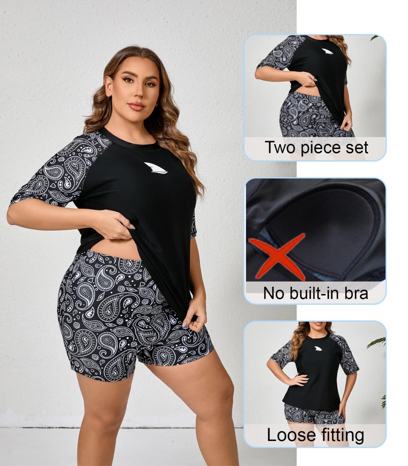 ALLTOKE Womens Plus Size Short Sleeve Rash Guard Sets Swim Shirts with Shorts UPF50+ Two Piece Swimsuit Black Paisley 1X - Image 5