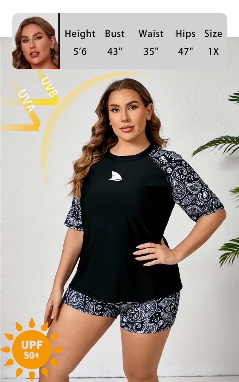 ALLTOKE Womens Plus Size Short Sleeve Rash Guard Sets Swim Shirts with Shorts UPF50+ Two Piece Swimsuit Black Paisley 1X - Image 4