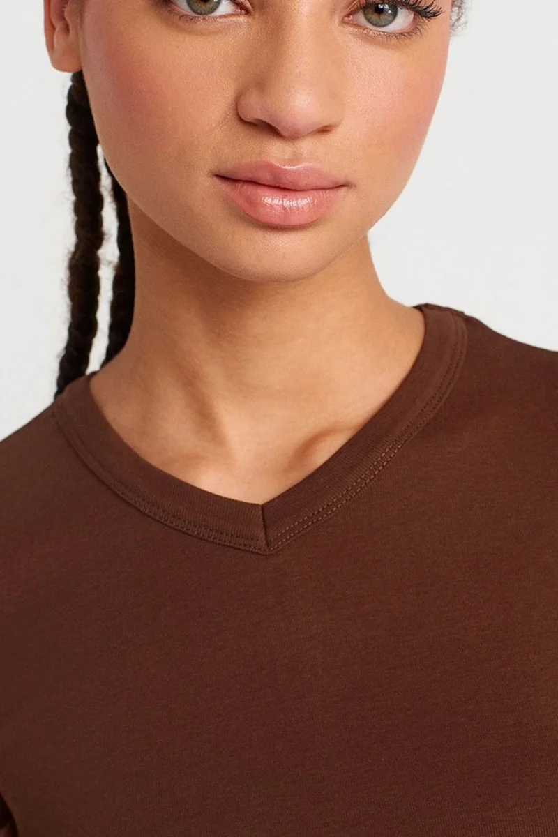 Dilvin Coffee Brown DILVIN Slim Fit Cotton V-Neck T-Shirt for Women | Best Price UAE