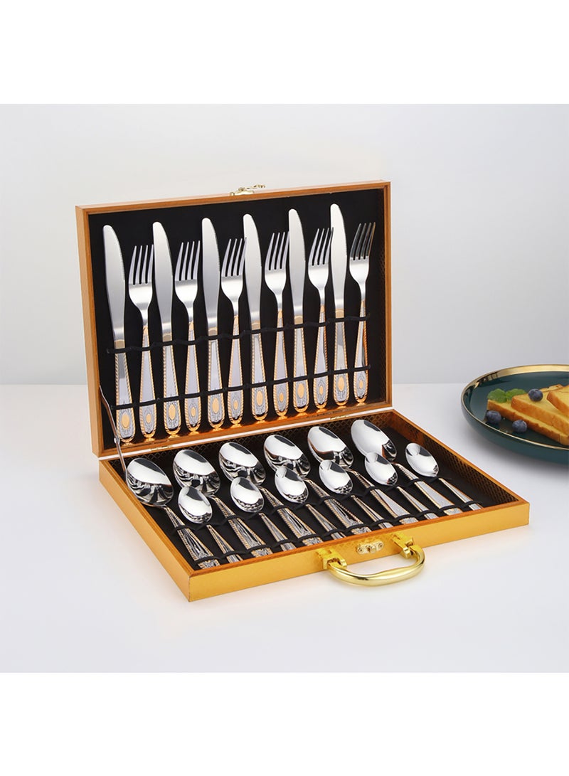 24-Piece Stainless Steel Cutlery Set Kitchen Utensil Set Western Cutlery With Textured Surface Suitable For Home Kitchen Restaurant Hotel Party Dining Picnic Dining Exquisite Packaging For Gift Giving Silver/Gold - Image 5