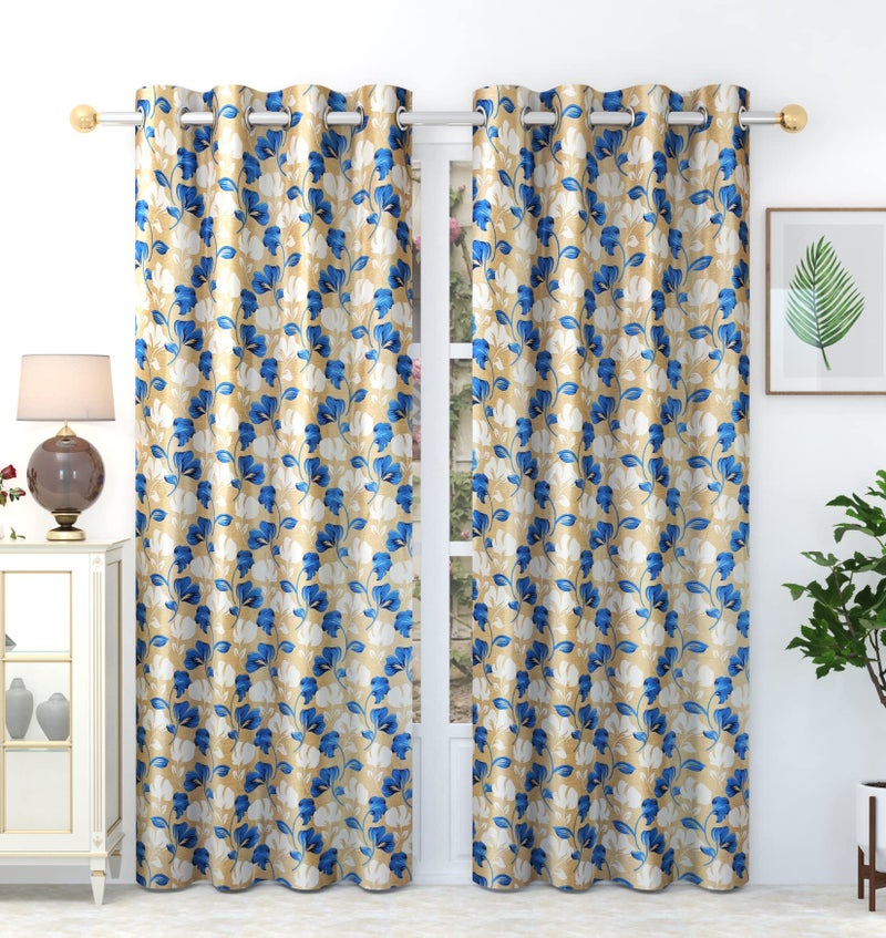 Exporthub 2 Pieces Fancy Design Blue Floral Leaf Polyester Eyelet Long Door Curtains - Length 9 Feet, (EHSPR719_94) - Image 2