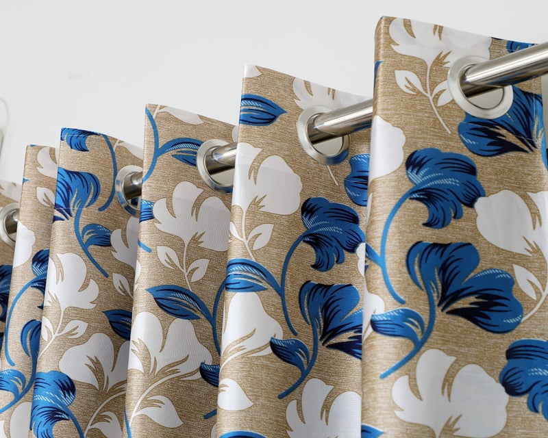 Exporthub 2 Pieces Fancy Design Blue Floral Leaf Polyester Eyelet Long Door Curtains - Length 9 Feet, (EHSPR719_94) - Image 1
