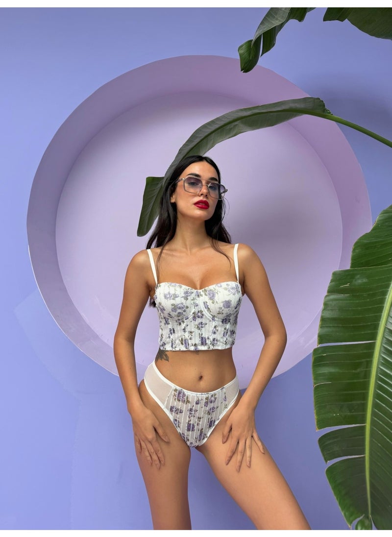 Cansoy - Glittered Floral Patterned Supported Ecru Bustier Set (682T) - Image 1
