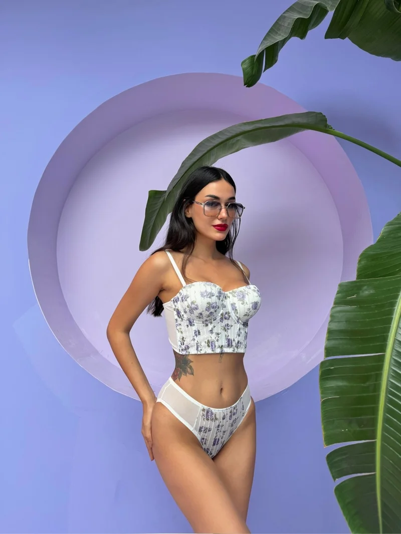 Cansoy Glittered Floral Patterned Supported Ecru Bustier Set (682T)