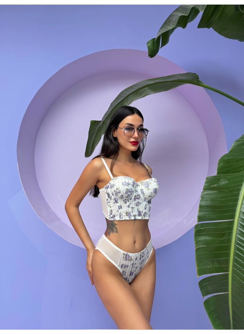 Cansoy - Glittered Floral Patterned Supported Ecru Bustier Set (682T) - Image 1