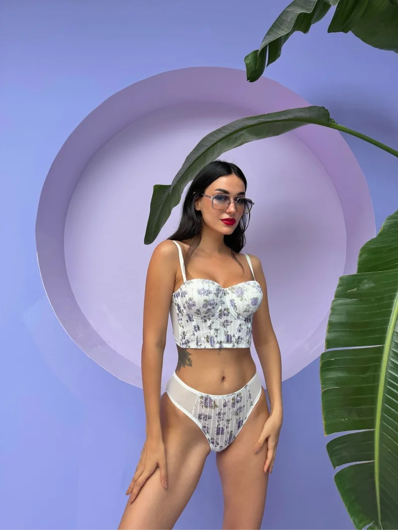 Cansoy Glittered Floral Patterned Supported Ecru Bustier Set (682T)
