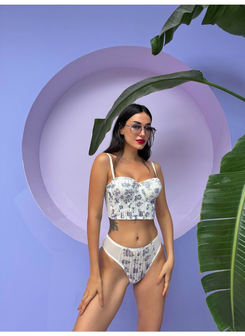 Cansoy - Glittered Floral Patterned Supported Ecru Bustier Set (682T) - Image 1