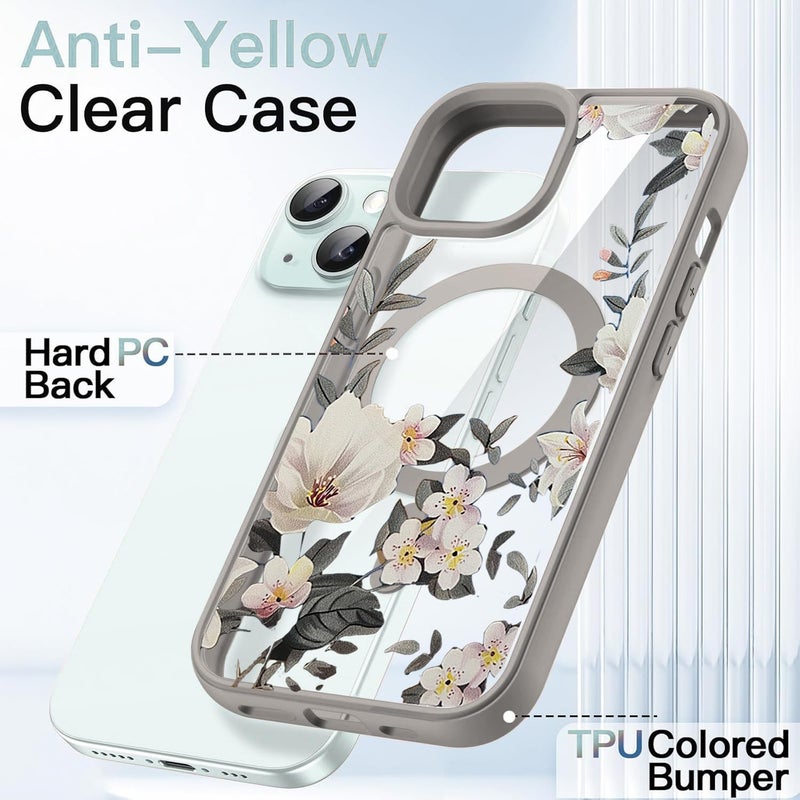 VONZEE Compatible with iPhone 15 Case Luxury Retro Flowers Floral Clear for Magnetic Wireless Charging Case Shockproof Case PC+TPU Cute Glossy Shiny Cover for Girls Women, 6.1'' Grey - Image 4