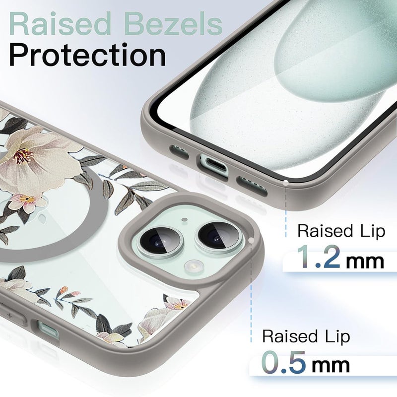 VONZEE Compatible with iPhone 15 Case Luxury Retro Flowers Floral Clear for Magnetic Wireless Charging Case Shockproof Case PC+TPU Cute Glossy Shiny Cover for Girls Women, 6.1'' Grey - Image 5