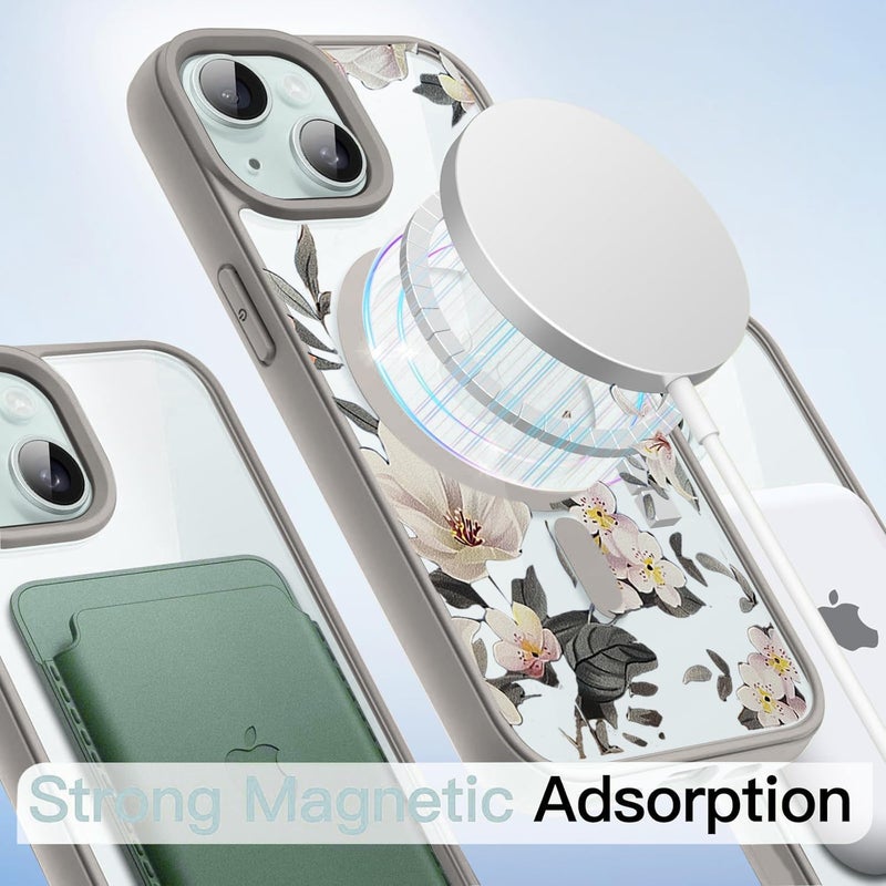 VONZEE Compatible with iPhone 15 Case Luxury Retro Flowers Floral Clear for Magnetic Wireless Charging Case Shockproof Case PC+TPU Cute Glossy Shiny Cover for Girls Women, 6.1'' Grey - Image 3