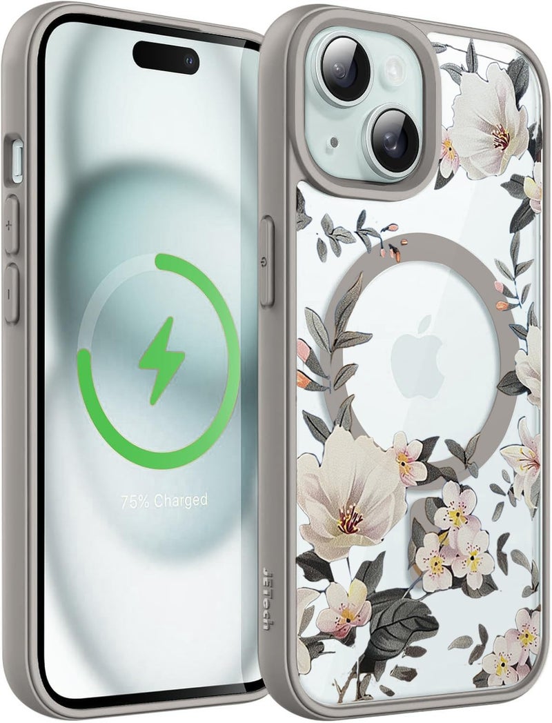 VONZEE Compatible with iPhone 15 Case Luxury Retro Flowers Floral Clear for Magnetic Wireless Charging Case Shockproof Case PC+TPU Cute Glossy Shiny Cover for Girls Women, 6.1'' Grey - Image 1