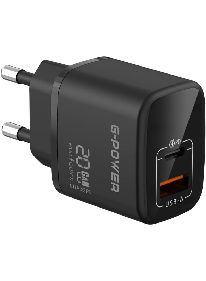 جي باور شاحن G-Power GP-C10 بقوة 20 واط بمنفذي USB (USB-A و USB-C) يدعم تقنية الشحن السريع Qualcomm Quick Charge 3.0، متوافق مع أجهزة iPhone 16/14/14 Plus/14 Pro/14 Pro Max/13، وSamsung، وXiaomi، وPixel 4/3، وiPad - أسود - Image 1