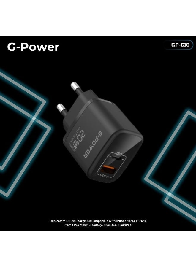 جي باور شاحن G-Power GP-C10 بقوة 20 واط بمنفذي USB (USB-A و USB-C) يدعم تقنية الشحن السريع Qualcomm Quick Charge 3.0، متوافق مع أجهزة iPhone 16/14/14 Plus/14 Pro/14 Pro Max/13، وSamsung، وXiaomi، وPixel 4/3، وiPad - أسود - Image 2
