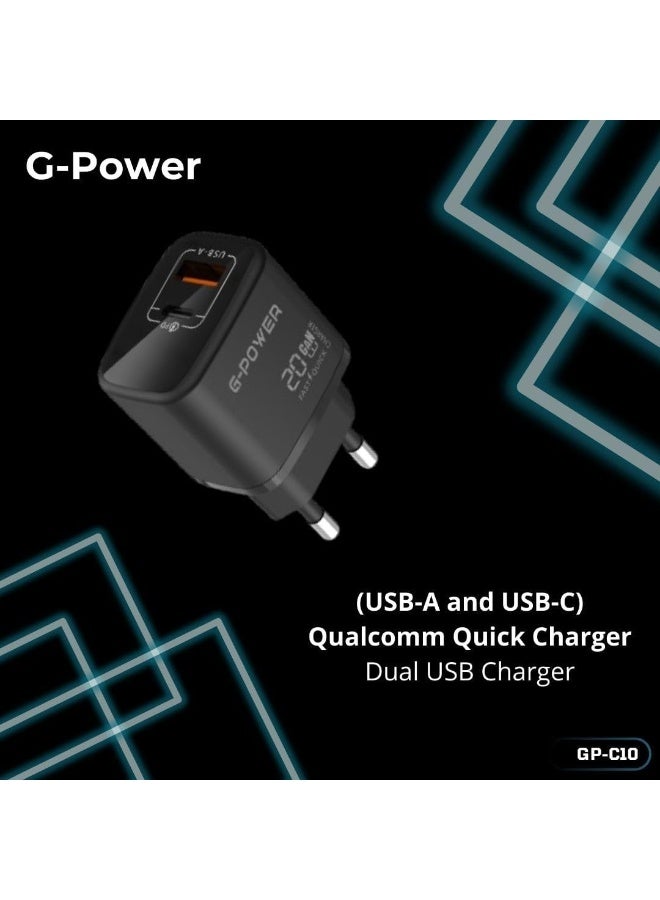 جي باور شاحن G-Power GP-C10 بقوة 20 واط بمنفذي USB (USB-A و USB-C) يدعم تقنية الشحن السريع Qualcomm Quick Charge 3.0، متوافق مع أجهزة iPhone 16/14/14 Plus/14 Pro/14 Pro Max/13، وSamsung، وXiaomi، وPixel 4/3، وiPad - أسود - Image 3