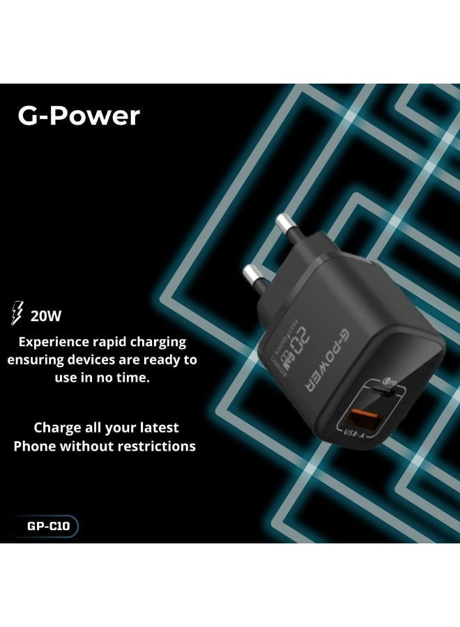 جي باور شاحن G-Power GP-C10 بقوة 20 واط بمنفذي USB (USB-A و USB-C) يدعم تقنية الشحن السريع Qualcomm Quick Charge 3.0، متوافق مع أجهزة iPhone 16/14/14 Plus/14 Pro/14 Pro Max/13، وSamsung، وXiaomi، وPixel 4/3، وiPad - أسود - Image 4