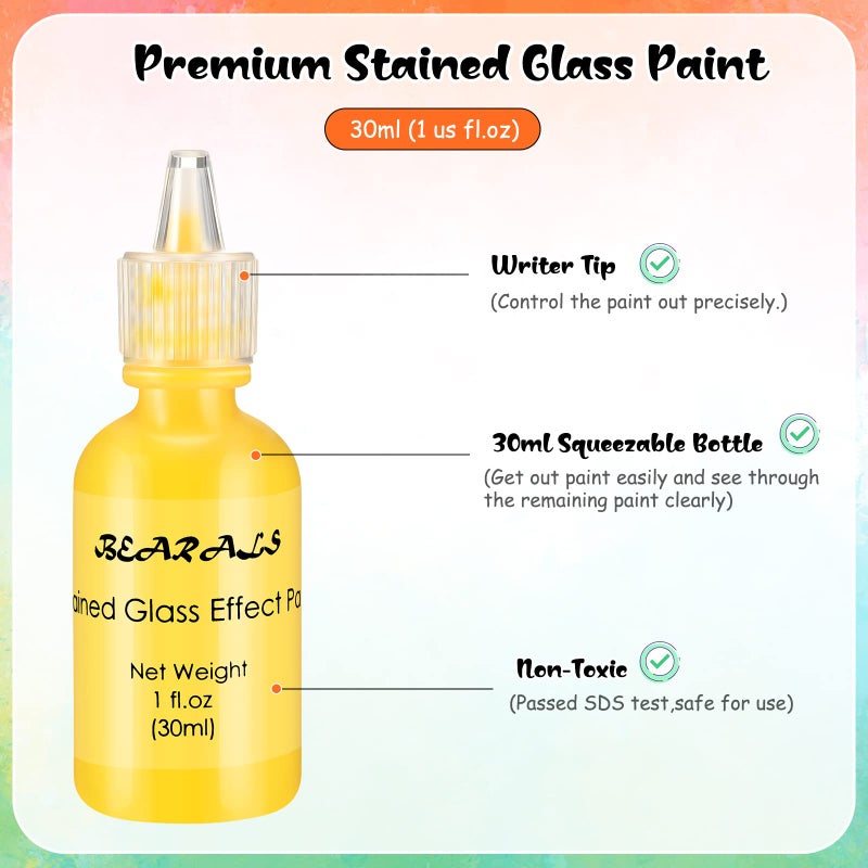 B BEARALS Bearals Stained Glass Paint, 12 Colors Glass Paint Set, Non-Toxic Window Glass Paint for Beginners and Artists (12x30ml/1.01 fl.oz) - Image 3