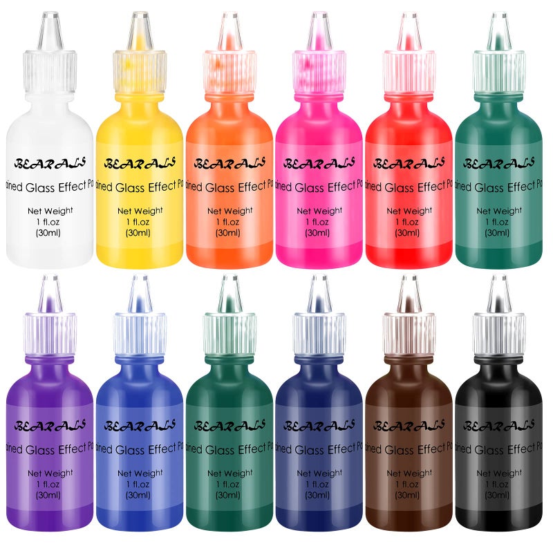 B BEARALS Bearals Stained Glass Paint, 12 Colors Glass Paint Set, Non-Toxic Window Glass Paint for Beginners and Artists (12x30ml/1.01 fl.oz) - Image 1