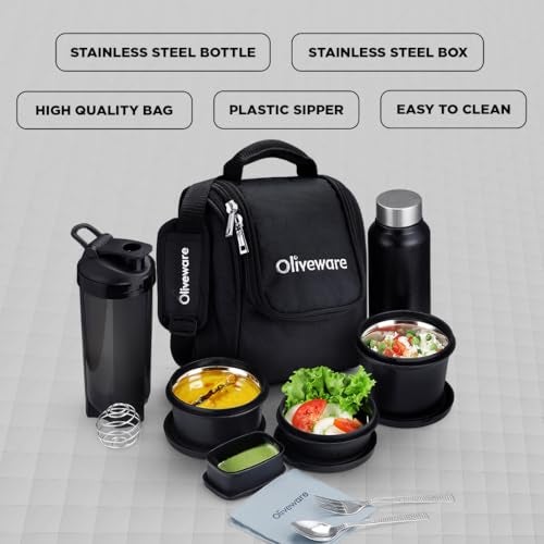 SOPL-OLIVEWARE oliveware Teso Fuel Meal Combo Lunch Box Set | Set of 3 Containers (290ml, 450ml, 600ml) | Pickle Box (130ml) | Stainless Steel Bottle (750ml) | Plastic Sipper (750ml) | Cutlery Set & Napkin - Blue - Image 5