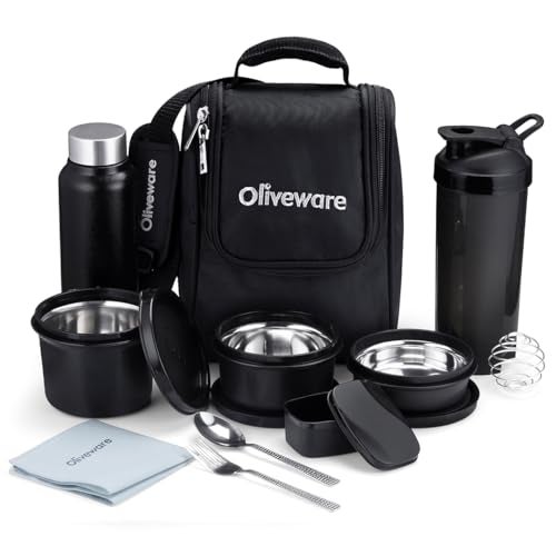 SOPL-OLIVEWARE oliveware Teso Fuel Meal Combo Lunch Box Set | Set of 3 Containers (290ml, 450ml, 600ml) | Pickle Box (130ml) | Stainless Steel Bottle (750ml) | Plastic Sipper (750ml) | Cutlery Set & Napkin - Blue - Image 1