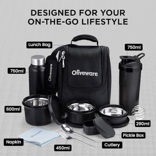 SOPL-OLIVEWARE oliveware Teso Fuel Meal Combo Lunch Box Set | Set of 3 Containers (290ml, 450ml, 600ml) | Pickle Box (130ml) | Stainless Steel Bottle (750ml) | Plastic Sipper (750ml) | Cutlery Set & Napkin - Blue - Image 2