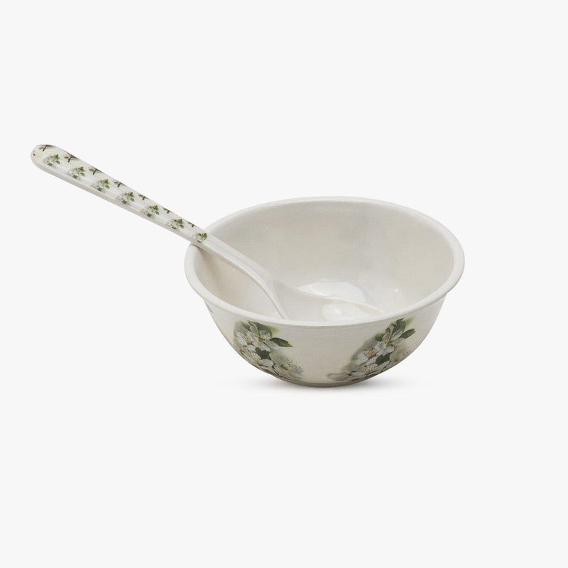 Bataniya Melamine Round Lily Floral 9 pcs Serving Set with 1 Serving Tray, 4 Veg Bowl and 4 Tea Spoon for Snacks, Desserts and Other eateries. - Image 3