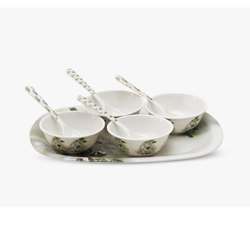 Bataniya Melamine Round Lily Floral 9 pcs Serving Set with 1 Serving Tray, 4 Veg Bowl and 4 Tea Spoon for Snacks, Desserts and Other eateries. - Image 4