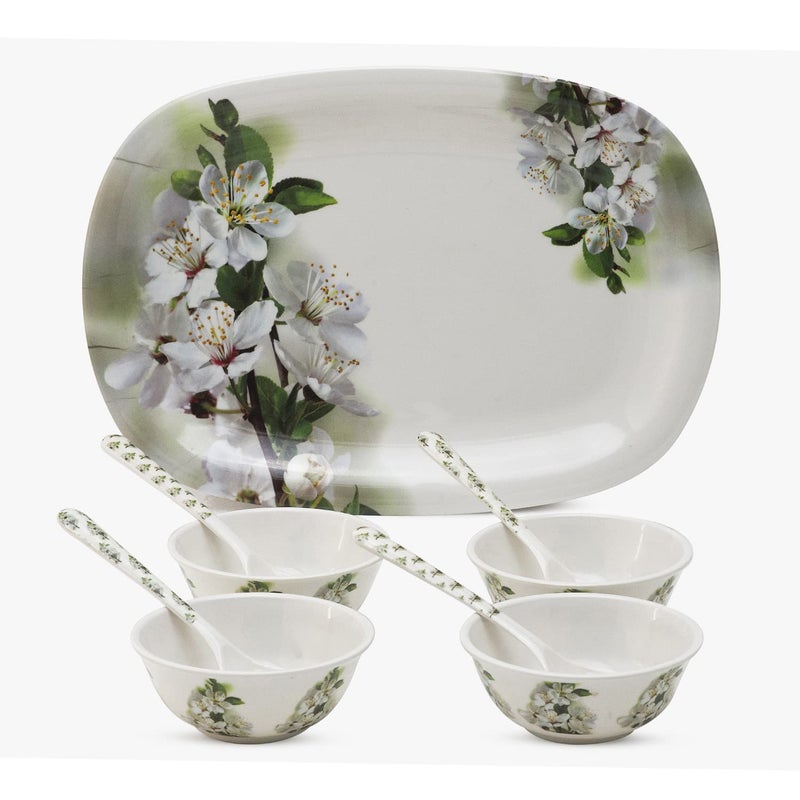 Bataniya Melamine Round Lily Floral 9 pcs Serving Set with 1 Serving Tray, 4 Veg Bowl and 4 Tea Spoon for Snacks, Desserts and Other eateries. - Image 1