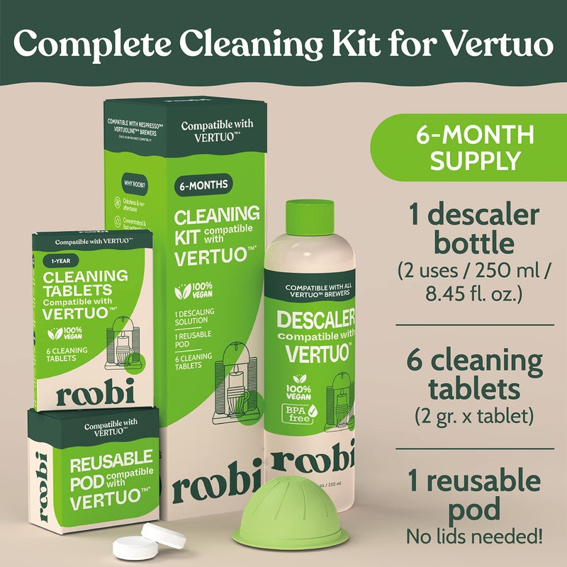 Roobi Nespresso Compatible Vertuo Cleaning & Descaling Kit. Includes 1 Bottle of Descaling Solution, 6 Cleaning Tablets and 1 Reusable Pod. Carbon Neutral Vertuoline Maintenance Kit. 6 Month Supply. - Image 3