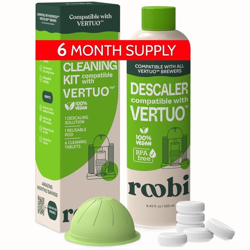 Roobi Nespresso Compatible Vertuo Cleaning & Descaling Kit. Includes 1 Bottle of Descaling Solution, 6 Cleaning Tablets and 1 Reusable Pod. Carbon Neutral Vertuoline Maintenance Kit. 6 Month Supply. - Image 1