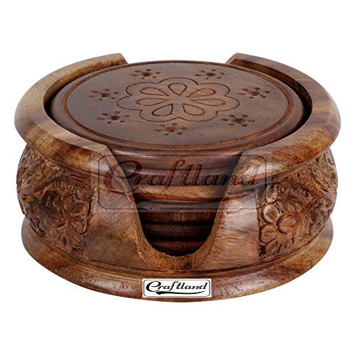 Craftland Wooden Round Carved Coaster Set for Kitchen/Dining Table,Set of 6 - Image 2