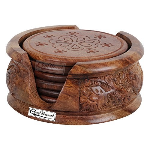 Craftland Wooden Round Carved Coaster Set for Kitchen/Dining Table,Set of 6 - Image 1