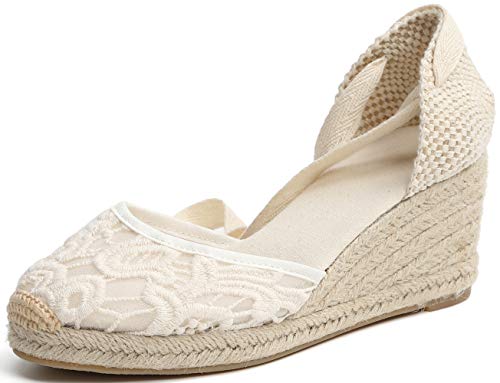 U-lite Womens Espadrille Wedge Sandals Closed Toe Platform Lace Up Ankle Strap Slingback Summer Dress Shoes White Lace-2.5" Heel 9 - Image 5