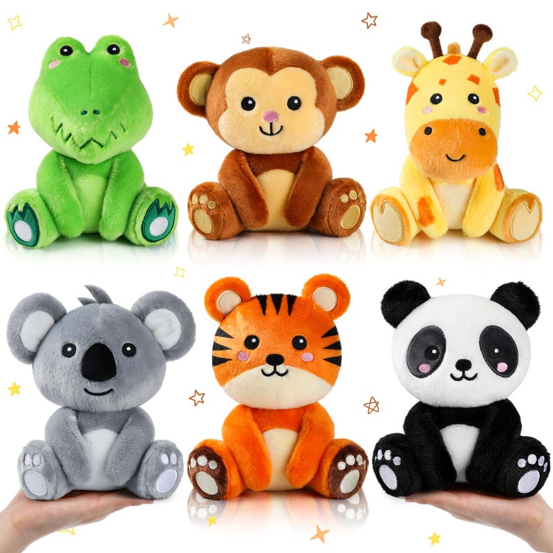 RoundFunny 6 Pcs Small Stuffed Safari Animals Bulk 7 Inch Jungle Animals Stuffed Toys Plush Panda Crocodile Monkey Giraffe Tiger Elephant for Baby Shower Safari Jungle Themed Party Student Award - Image 3