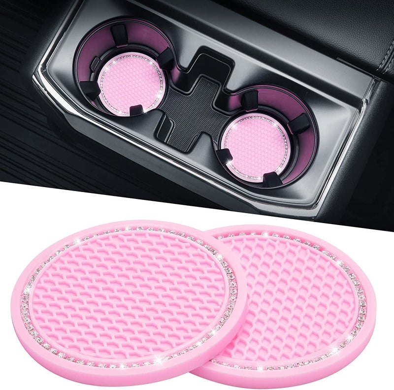JOYTUTUS Cup Holder Coasters for Car, 2 Pack Universal Anti-Slip Car Coasters with Crystal Rhinestone, 2.75 inch/6.98 cm PVC Cup Holder Insert Coaster, Pink Car Accessories (Pink with Diamond) - Image 1