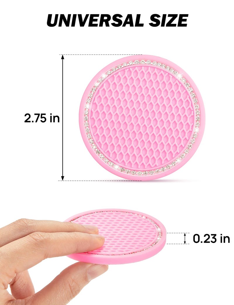 JOYTUTUS Cup Holder Coasters for Car, 2 Pack Universal Anti-Slip Car Coasters with Crystal Rhinestone, 2.75 inch/6.98 cm PVC Cup Holder Insert Coaster, Pink Car Accessories (Pink with Diamond) - Image 2