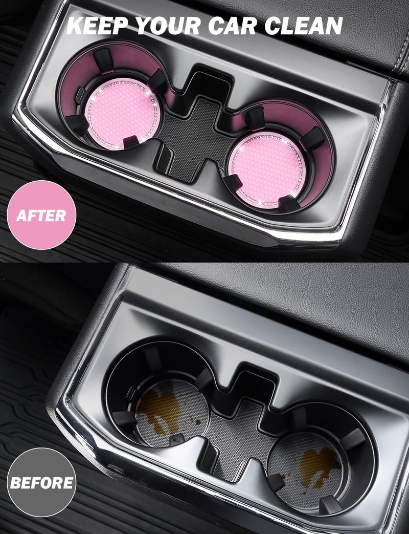 JOYTUTUS Cup Holder Coasters for Car, 2 Pack Universal Anti-Slip Car Coasters with Crystal Rhinestone, 2.75 inch/6.98 cm PVC Cup Holder Insert Coaster, Pink Car Accessories (Pink with Diamond) - Image 4