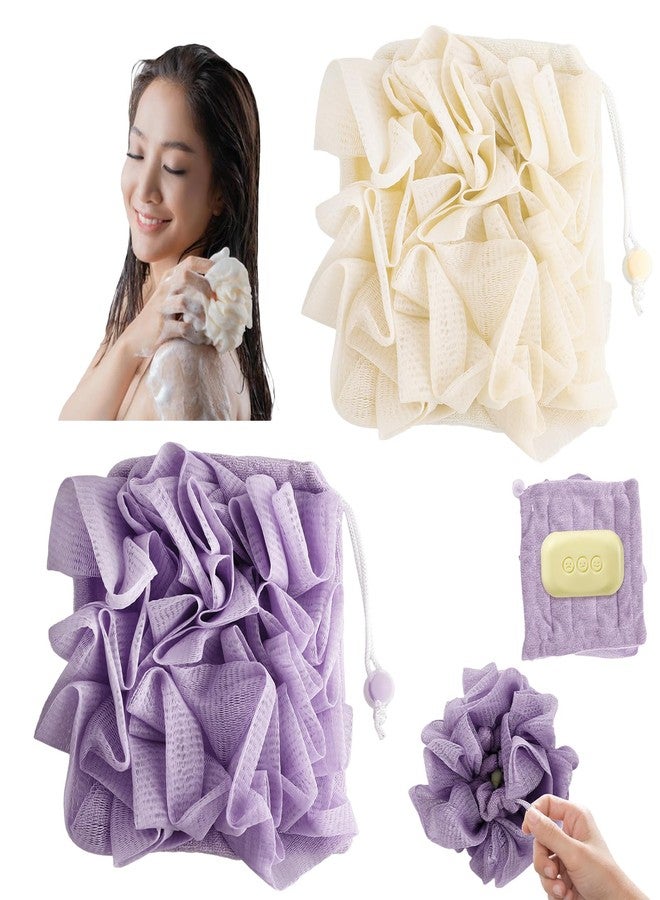 ROBOHOOK 2 PCS Soap Bar Loofah, 2 in 1 Loofah Washcloth Combo, Bath Sponge with Drawstring, That Holds Bar Soap, for Cleansing and Smooth Skin (Beige, Purple) - Image 1