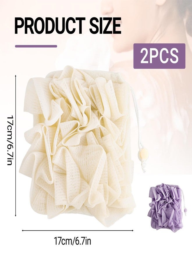 ROBOHOOK 2 PCS Soap Bar Loofah, 2 in 1 Loofah Washcloth Combo, Bath Sponge with Drawstring, That Holds Bar Soap, for Cleansing and Smooth Skin (Beige, Purple) - Image 2
